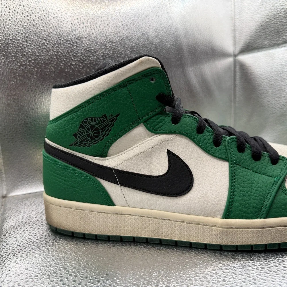Size 12 Nike‎ Air Jordan 1 Mid Leather Pine Green Mens Sneaker Shoes 852542-301